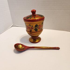 Vintage Russian Khokhloma Hand-Painted Wooden Lidded Cup & Spoon Set